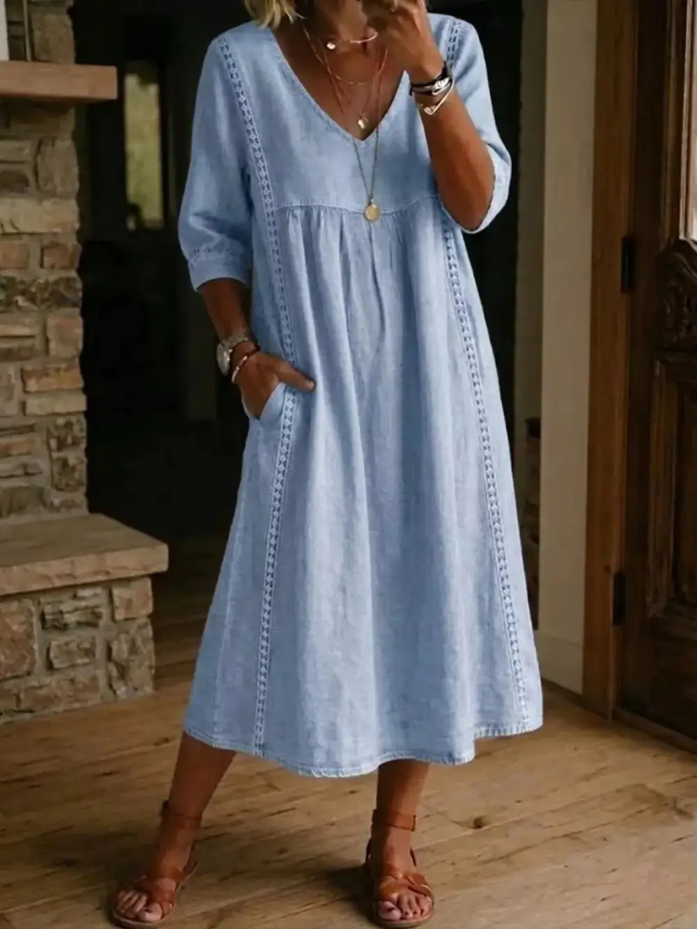 V-Neck Three Quarter Sleeve Pocketed Midi Dress