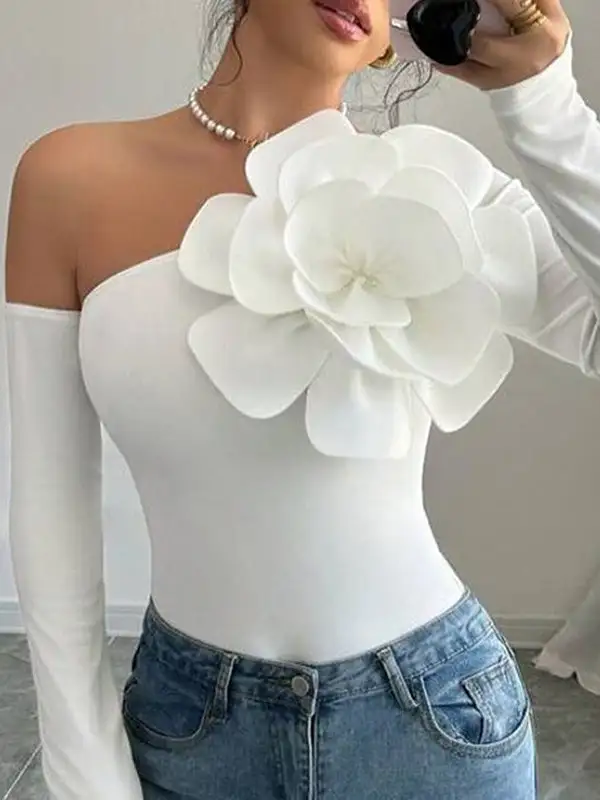 Long Sleeve Slim Fit Dimensional Floral One Shoulder T-Shirt