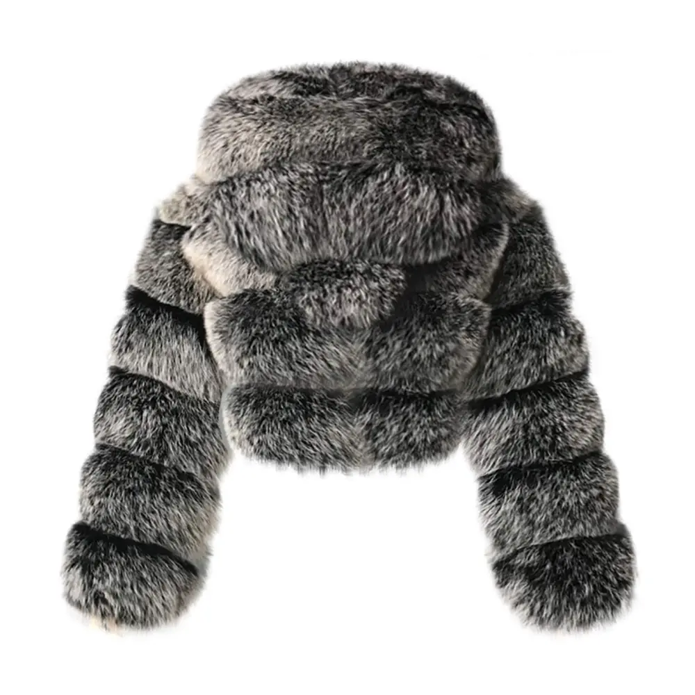Dark Gray Faux Fur Coat Women with Hood Cropped Bubble Coats Fleece Short Warm Jackets Plus Size Winter Coats for Women