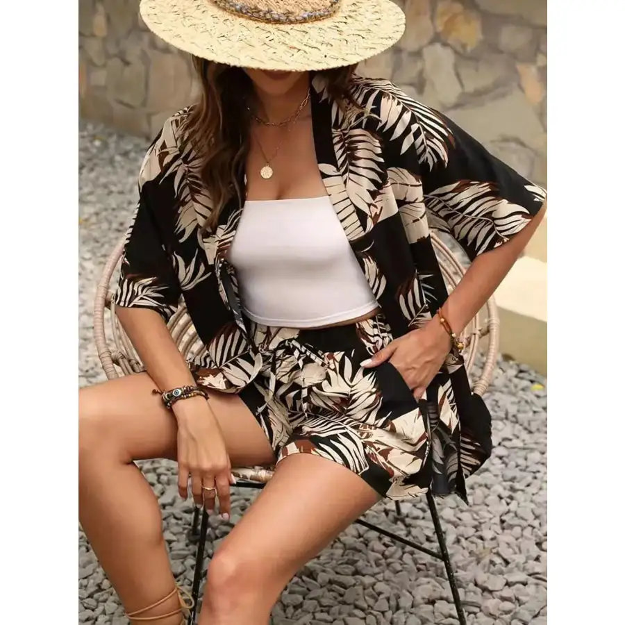 Printed Open Front Cardigan and Shorts Set