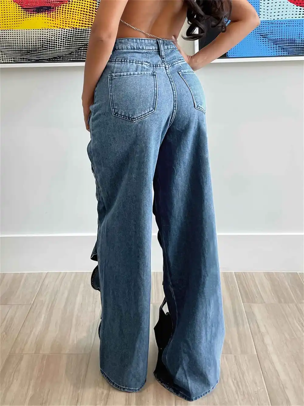 High-waisted Distressed Denim Jeans - Hollow-out Design