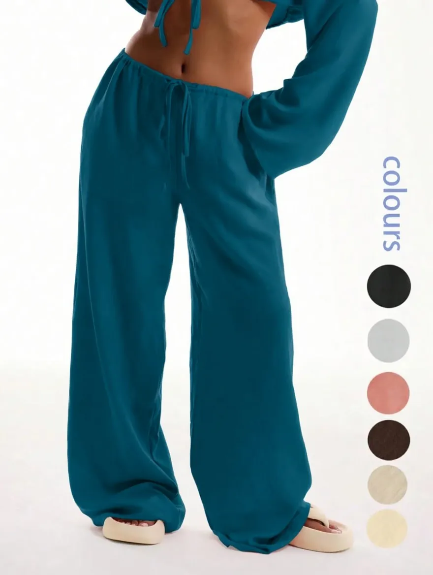 Casual Comfy Wide Leg Woven Trousers for Beach Vacation Holiday