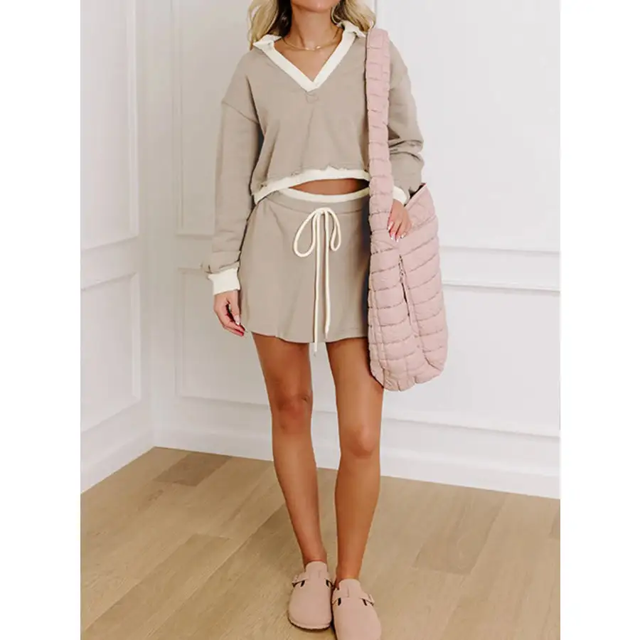 Contrast Collared Neck Top and Drawstring Mini Skirt Set