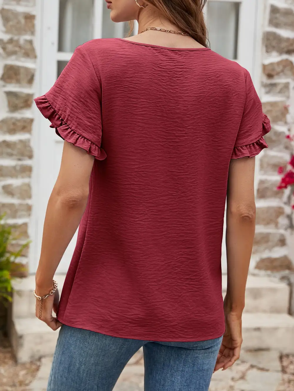 Textured Petal Sleeve Round Neck T-Shirt