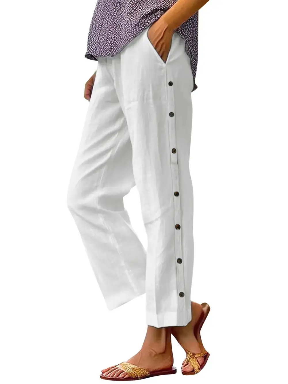 Side Decor Button Casual Wide Leg Pants