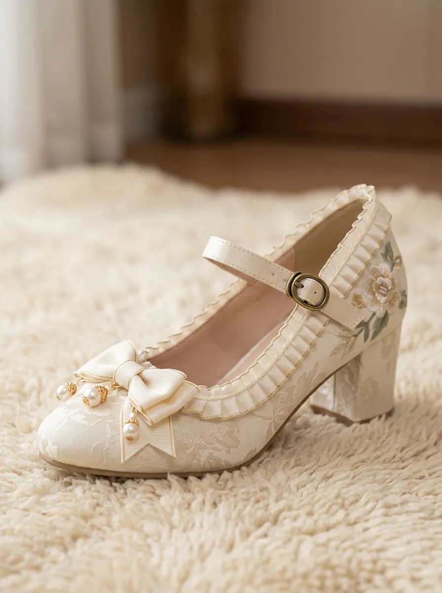 Mary Jane Pearl Bow Floral Women's Bavarian Occasion Heels