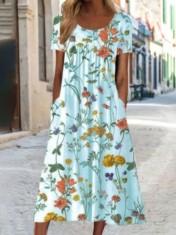 Blumenmuster Midi-Kleid Jersey Rundhals Kurzarm lässiger Stil Noracora