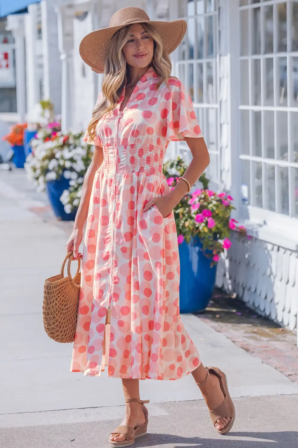 Polka Dot Printed Zip Front Dress Casual