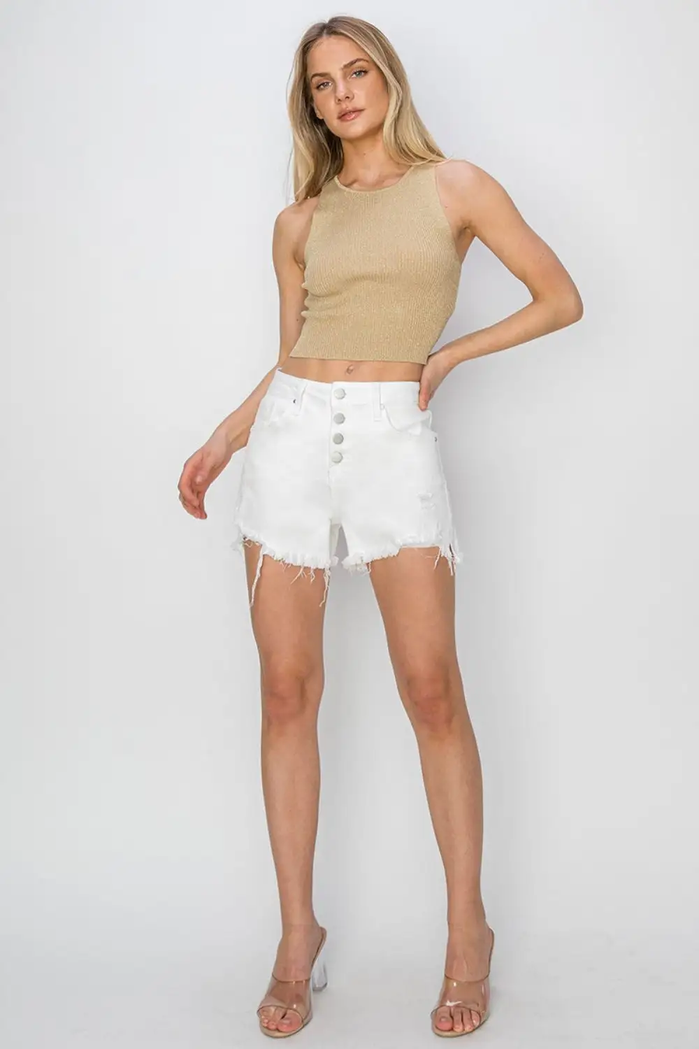 Button Fly Frayed Hem Shorts Denim Pants
