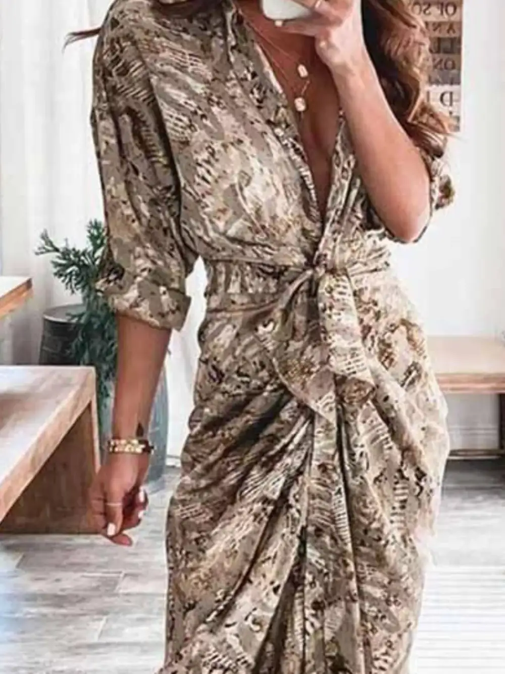 Button Front Tie Waist Midi Dress