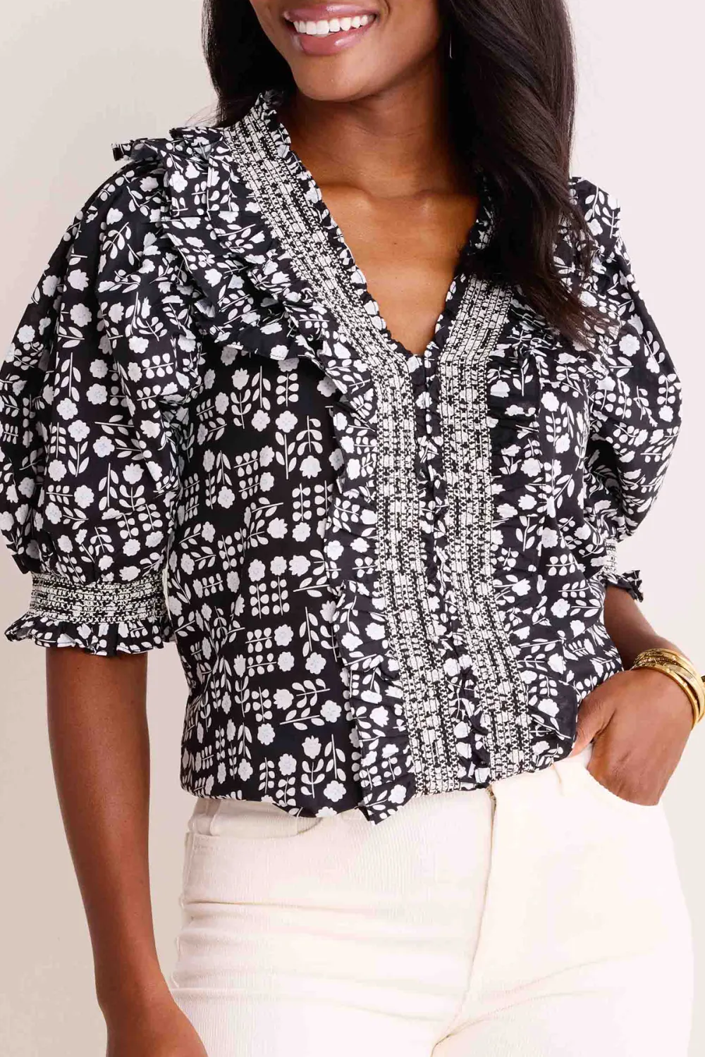 Printed Puff Sleeve V-Neck Ruffled Top