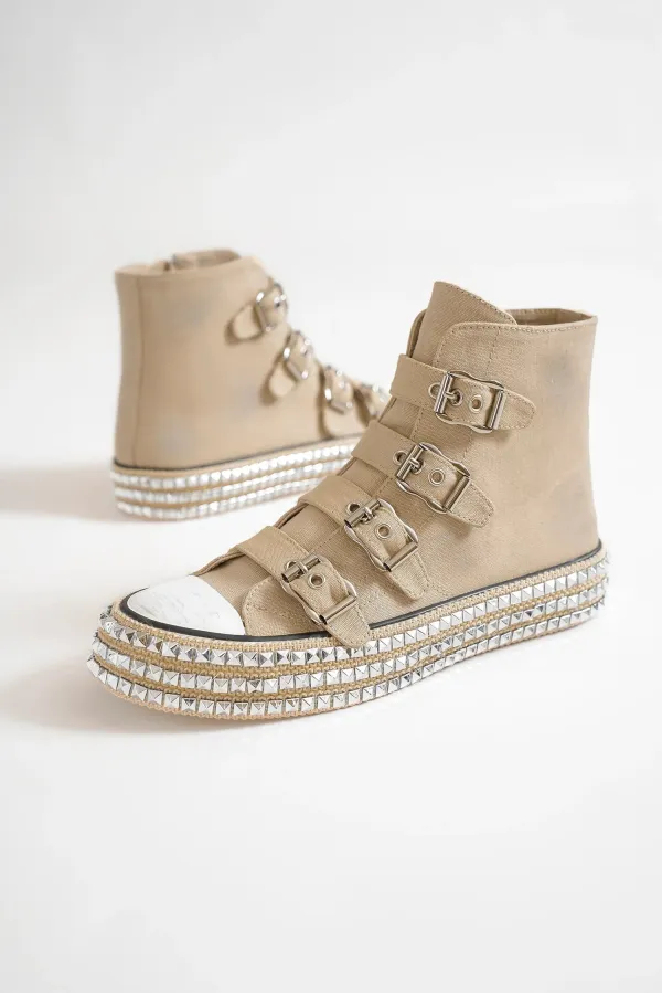 Textured Fashion Multi-Buckle Straps Studded Platform Sneakers