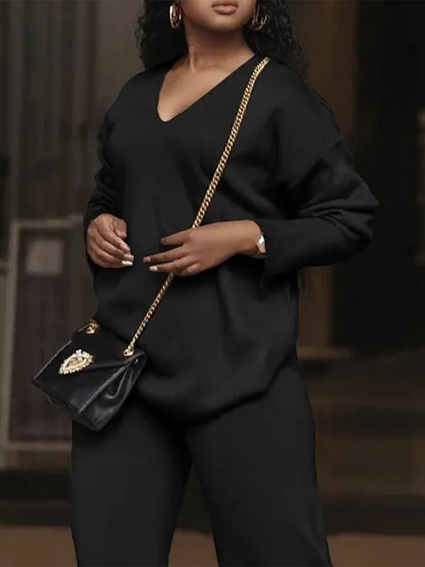 V-Neck Long Sleeve Relaxed Fit Easy Fit Pullover Sweater