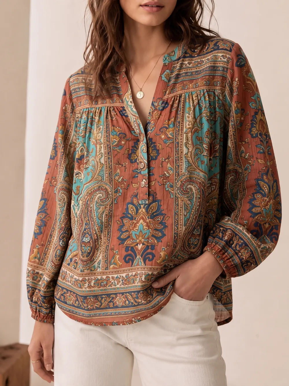 Women's Paisley Split Neck Elastic Cuffs Short Sleeve Blouse