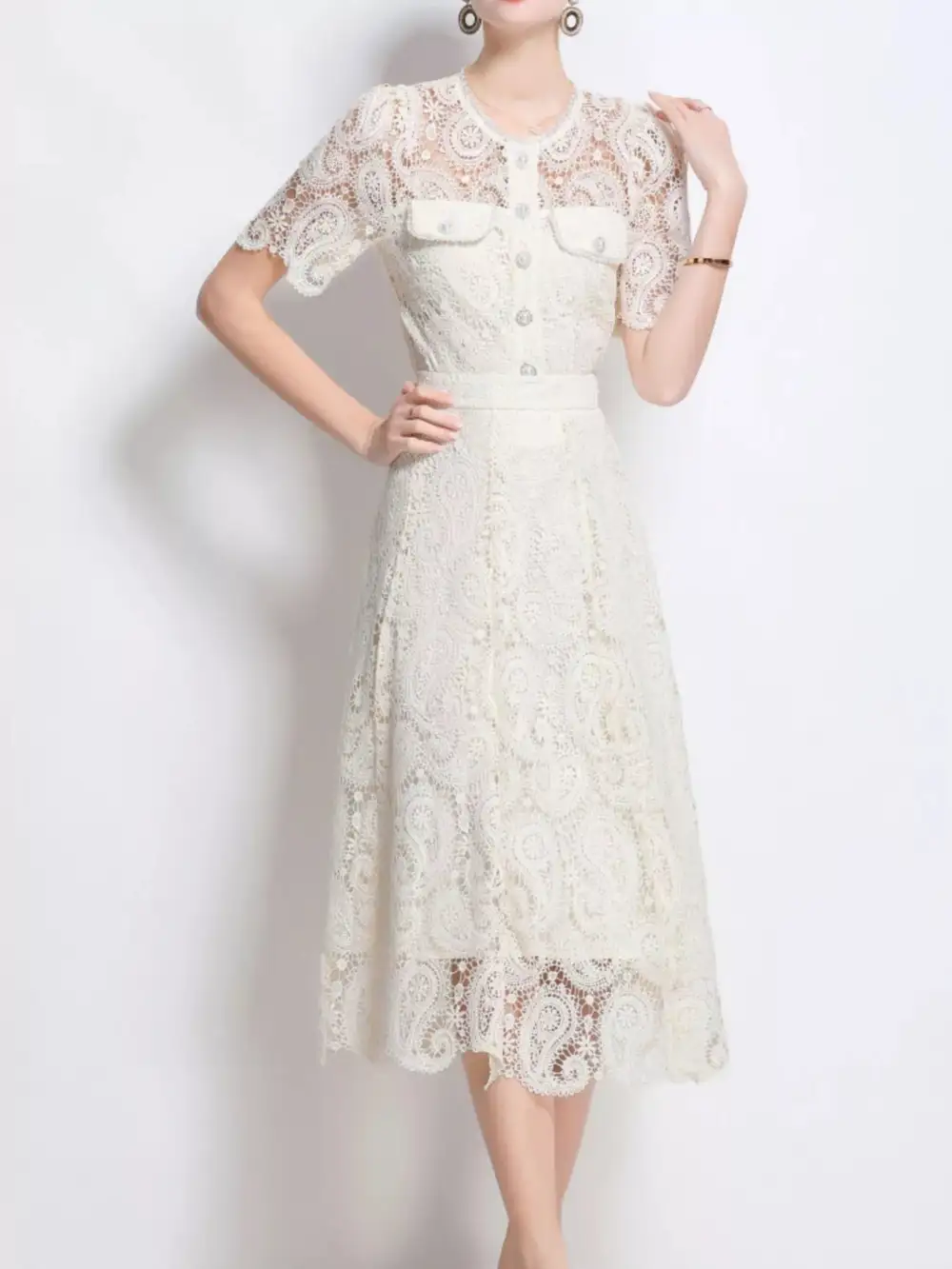 Draped Button Front Lace Detail Coordinated Set