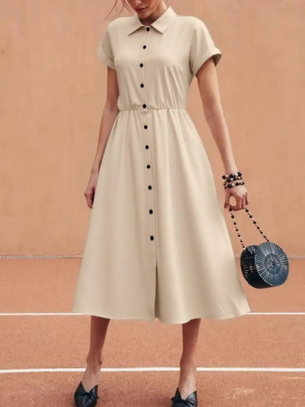 Soft Touch Button Front Short Sleeve Midi Dress