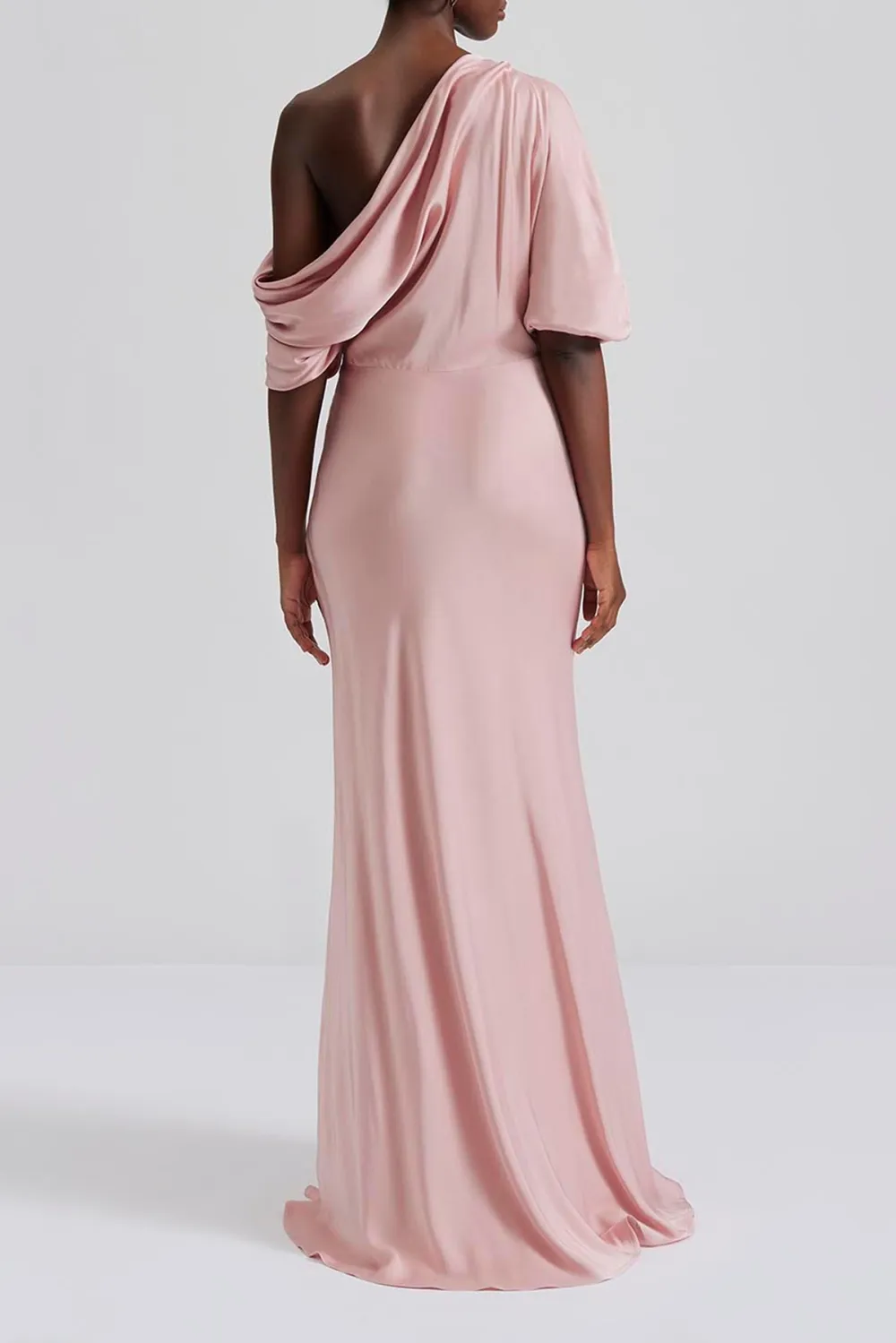 Asymmetrical Shoulder Satin Maxi Dress