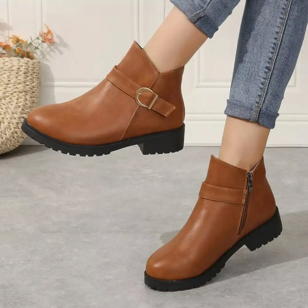 Textured Buckle Accent Ankle Boots