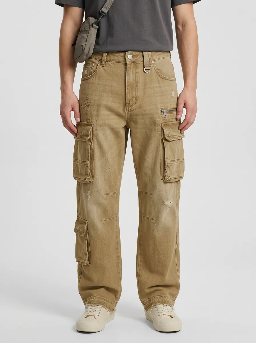 Men's Mid-Blue Compass Detail D-Ring Straight-Leg Denim Cargo Pants