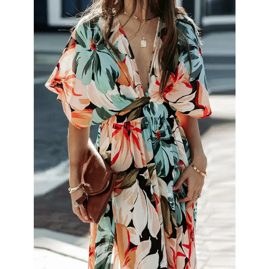 Floral Plunge Half Sleeve Dress