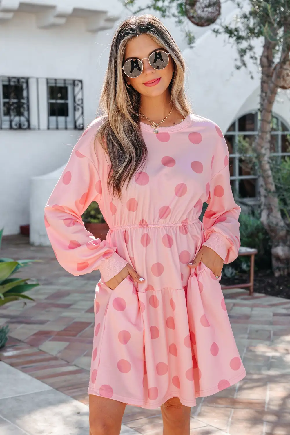 Polka Dot Printed Long Sleeve Mini Dress