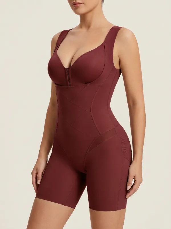 Women's Tummy Control Zipper Front Cross-Stitched Shapewear Bodysuit