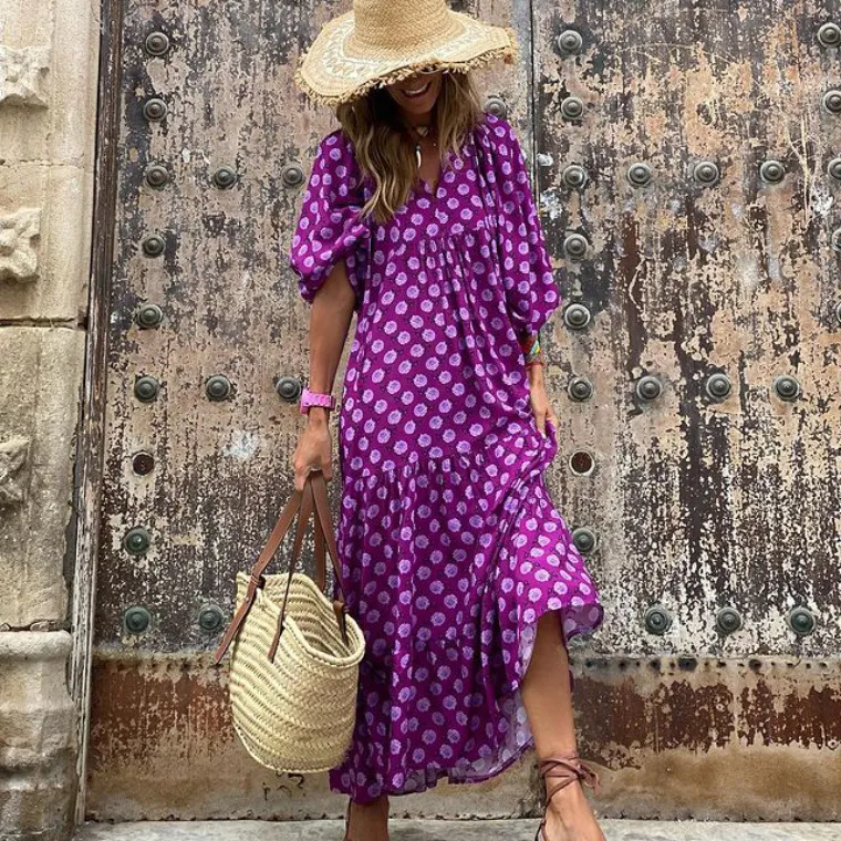 Bohemian Lantern Sleeve Long Dress Printed Large Swing Women's
