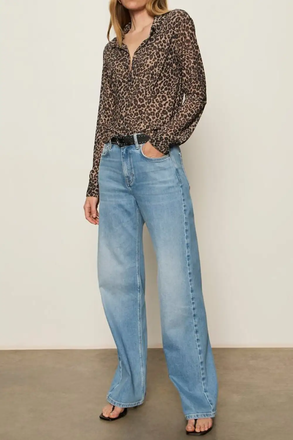Leopard Print Mesh Button Front Collared Shirt