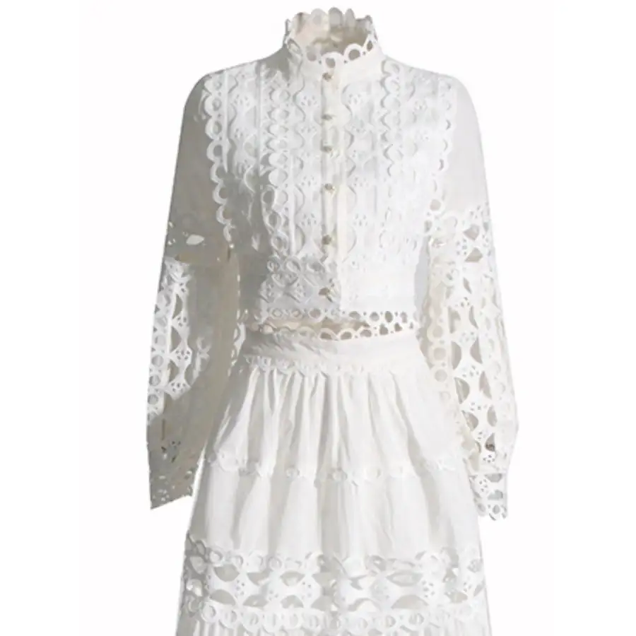 Lace Button Up Long Sleeve Top and Skirt Set