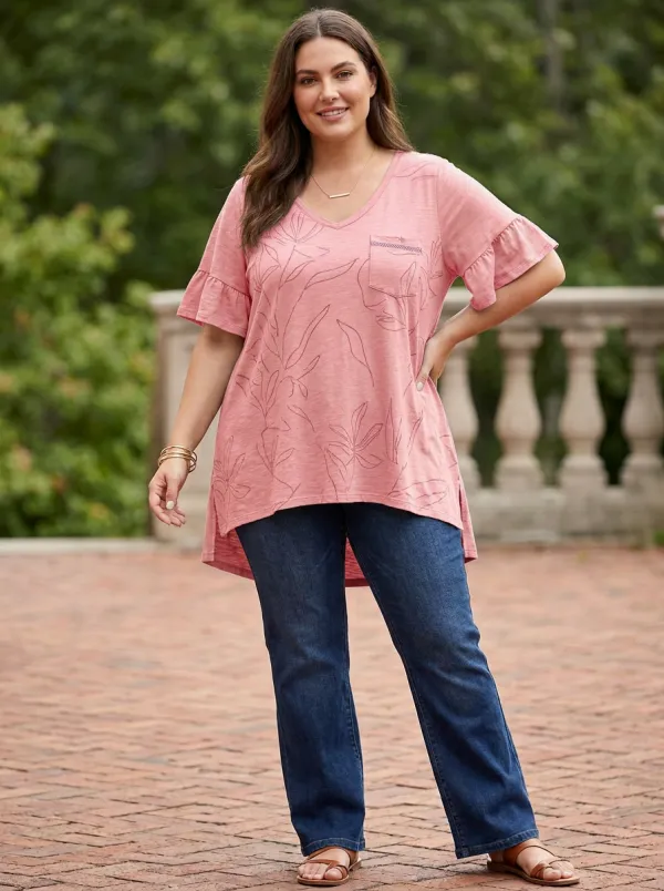 Women's Plus Size Botanical Leaf Printed V-Neck Loose T-Shirt
