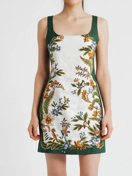 Floral Print Trim Elegant Mini Dress