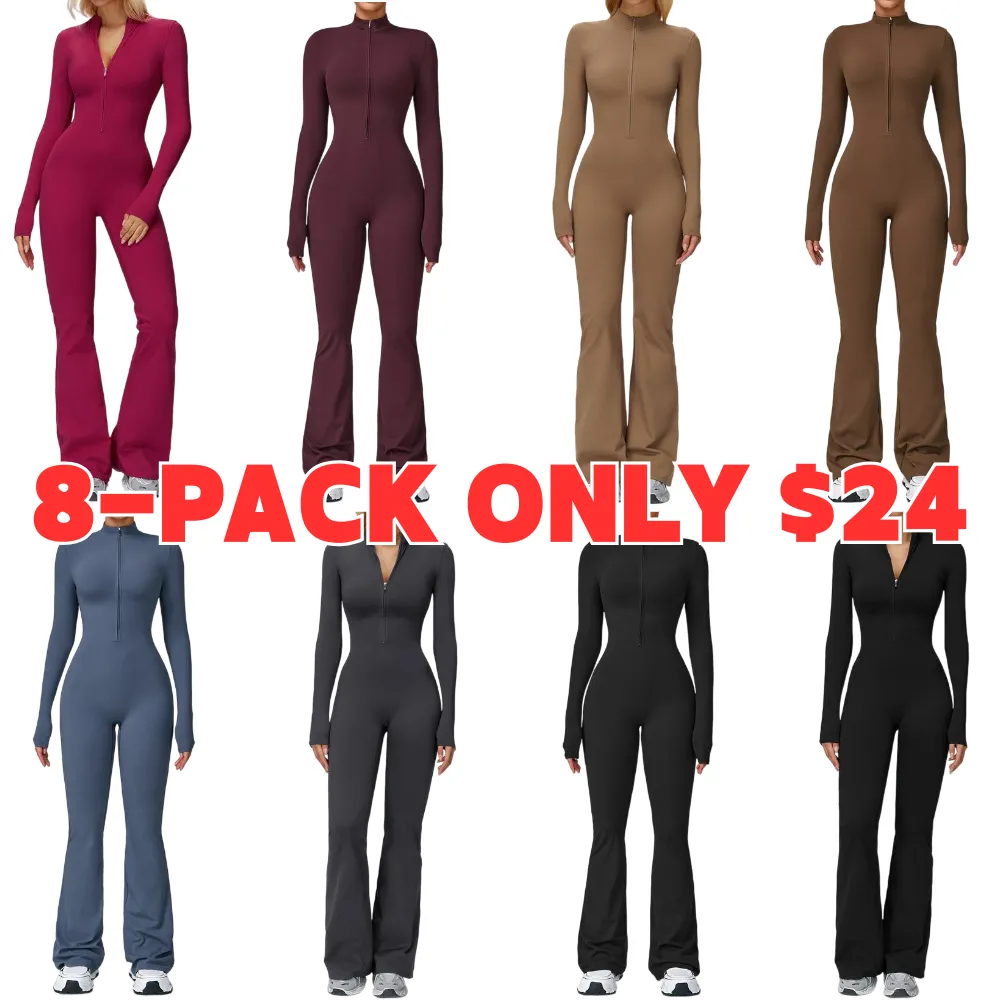 Women's Long Sleeve Flared Sports Jumpsuit - Zipper Jumpsuit, Wide Leg Bodysuit, Sexy One-Piece Yoga Jumpsuit