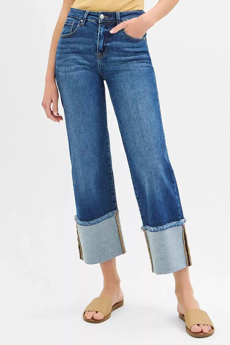 Mid Rise Raw Hem Cuffed Hem Wide Leg Jeans