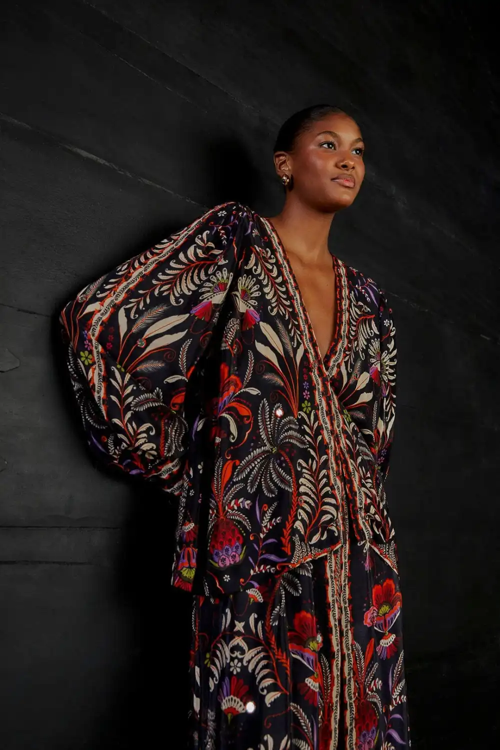 Beaded Mirror-Trim Button-Front Blouse