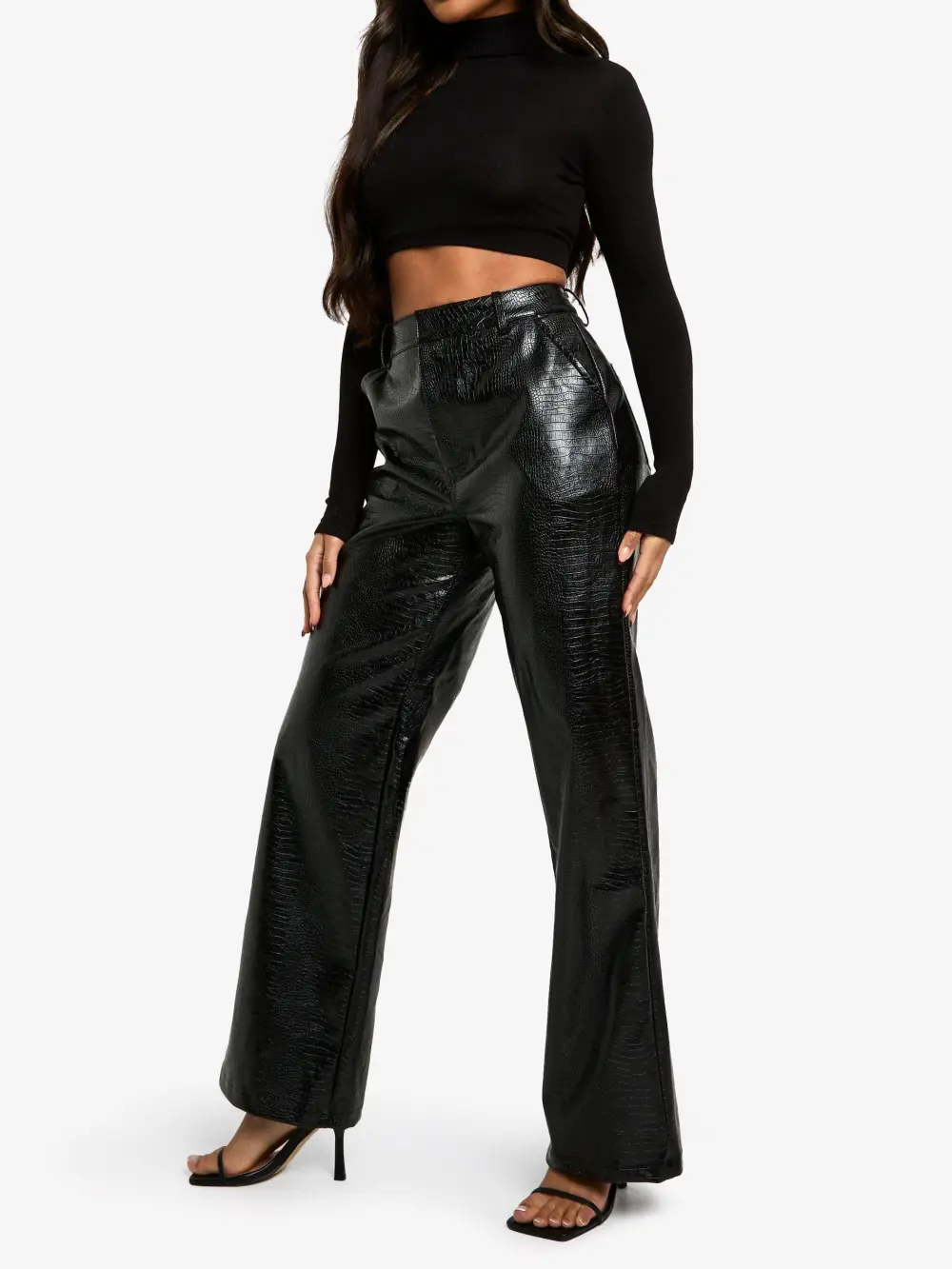 BLACK CROC PU STRAIGHT LEG PANTS