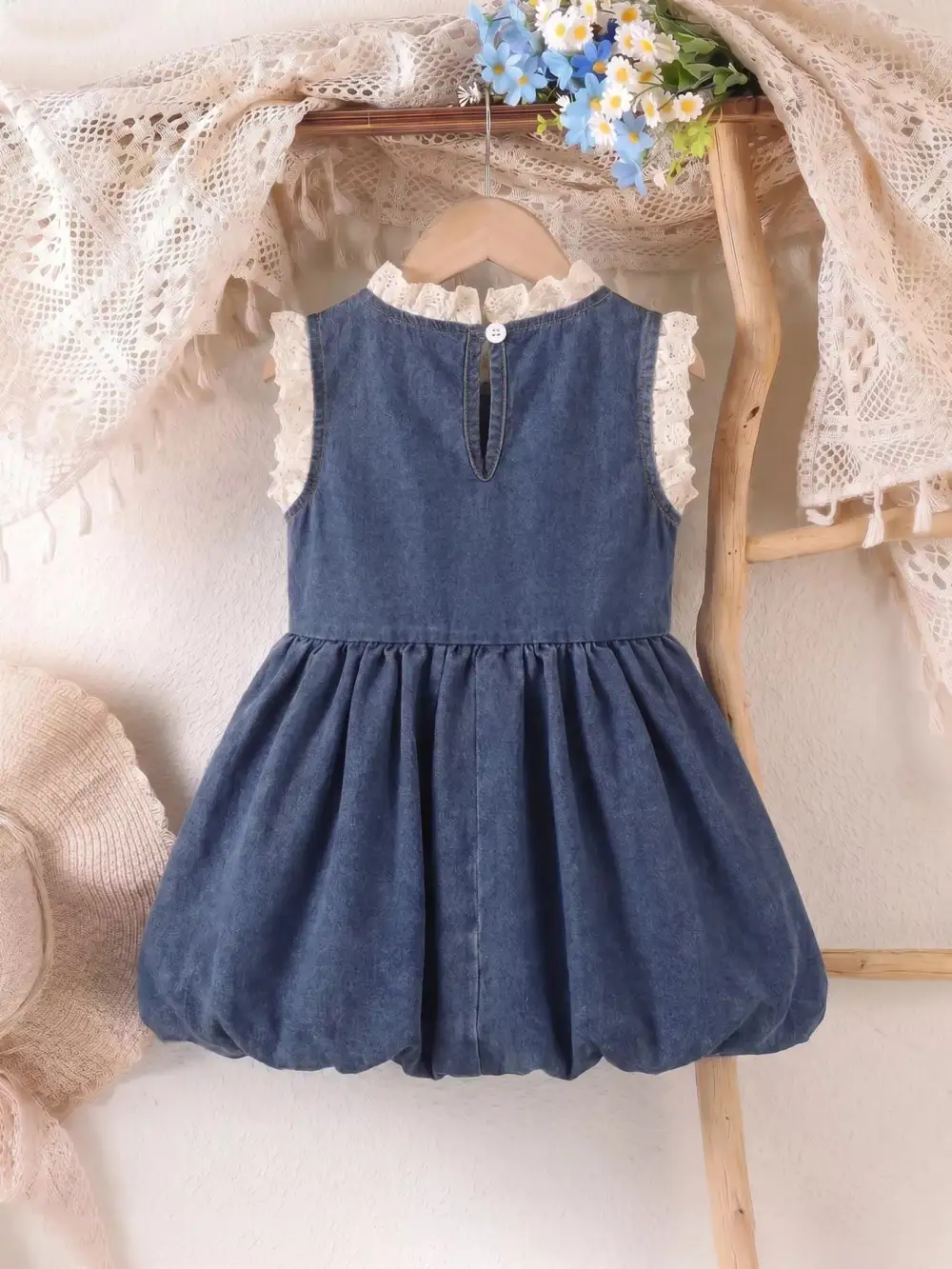 Girls Denim Cherry Applique Dress With Lace Trim