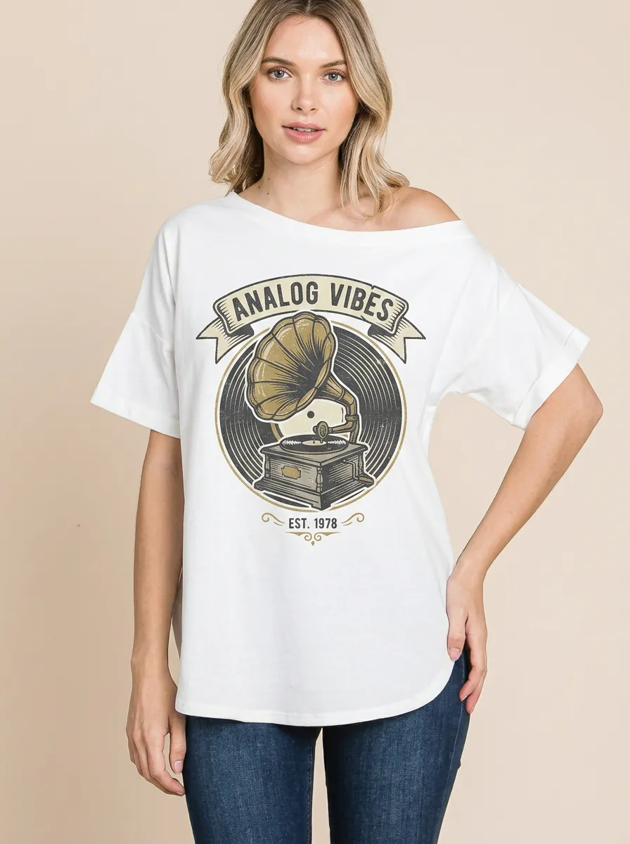 Women's Music Analog Vibes Gramophone Graphic Off-Shoulder T-Shirt