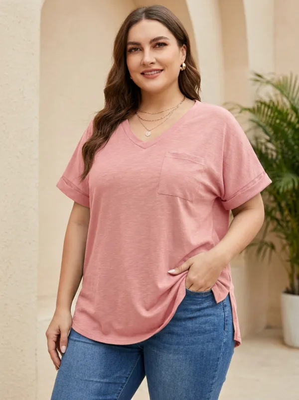 Women's Plus Size Classic Olive Green Pocket V-Neck Loose T-Shirt