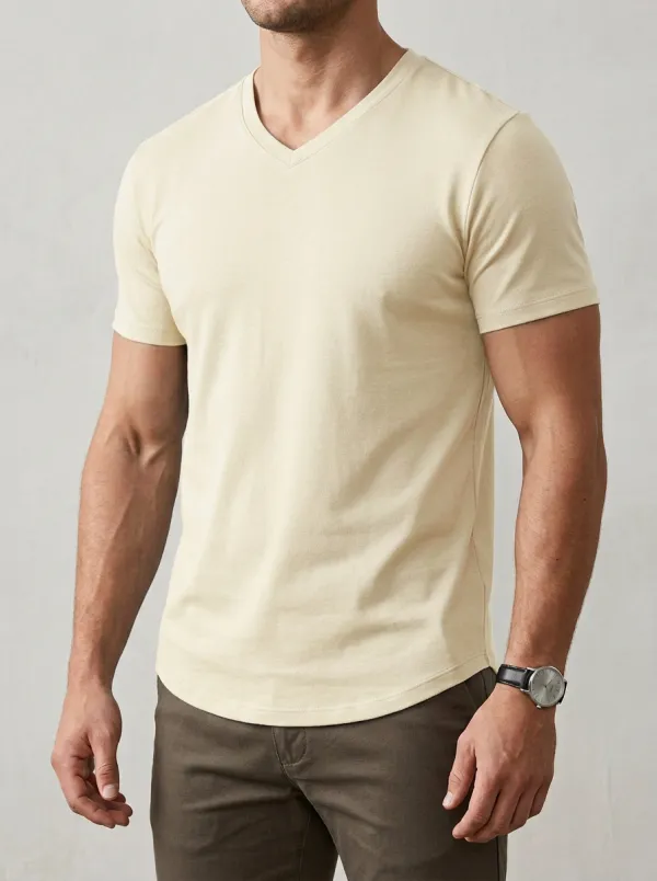 Refined Textured Curved Hem V-Neck Essential Men's Slim Fit Short Sleeve T-Shirt