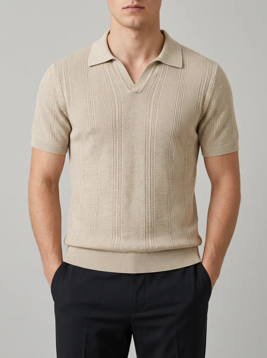 Men's Beige Vertical Ribbed Knit V-Neck Polo Shirt
