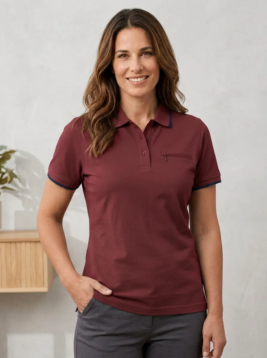 Women's Zipper-Pocket Pocket Contrast-Trim Polo Shirt
