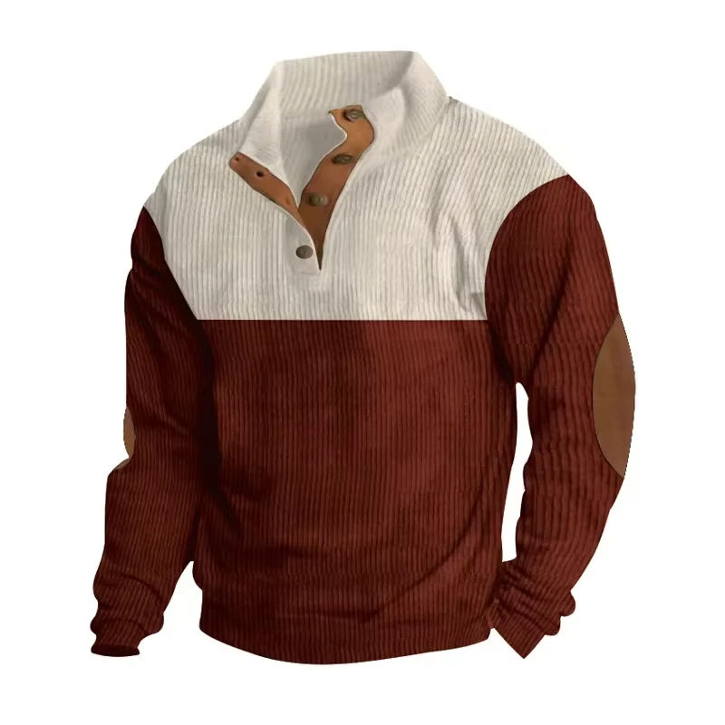 Men's Stand Collar Patchwork Corduroy Long-Sleeve Tee