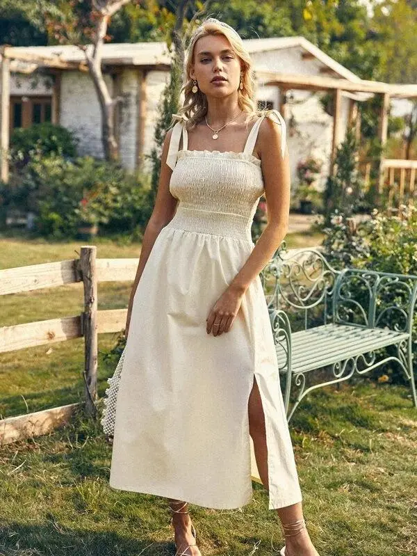 Women Solid Shirred Bodice Split Thigh Knotted Cami Dress