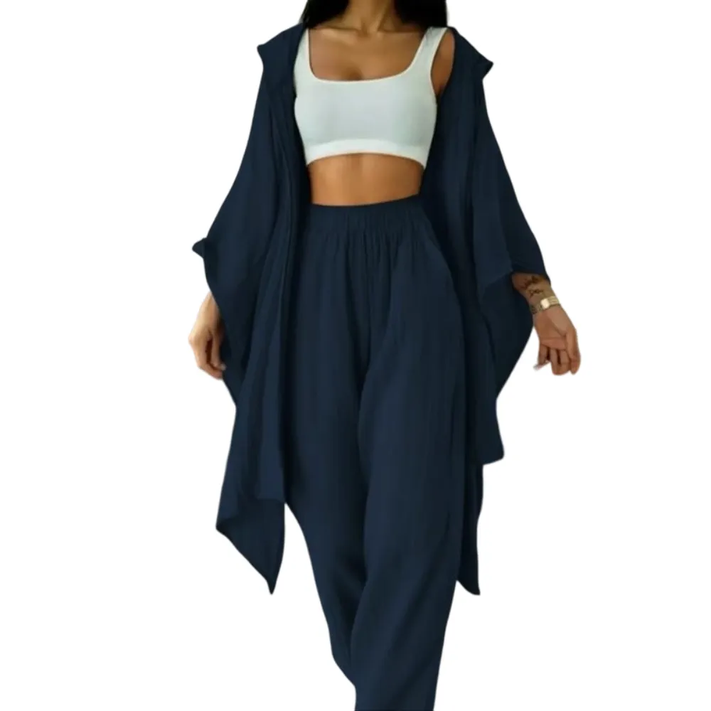 Women's Two-Piece Casual Set, Wide-Leg Pants & Loose-Fit Cardigan Jacket