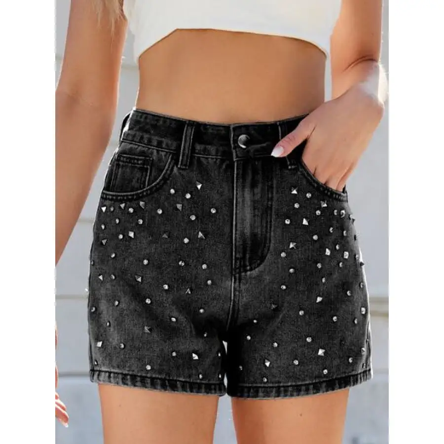 Rhinestone Washed High Waist Denim Shorts