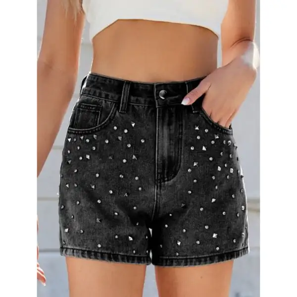 Rhinestone Washed High Waist Denim Shorts