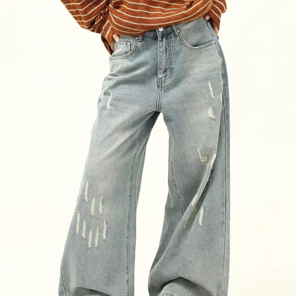 Distressed Wide Leg Floor Length Jeans