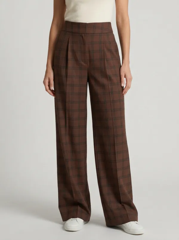Structured Wide-Leg Plaid Printed Women's Wide-Leg Pants