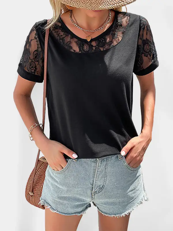 Refined Round-Neck Collared Short-Sleeve Lace-Detail T-Shirt