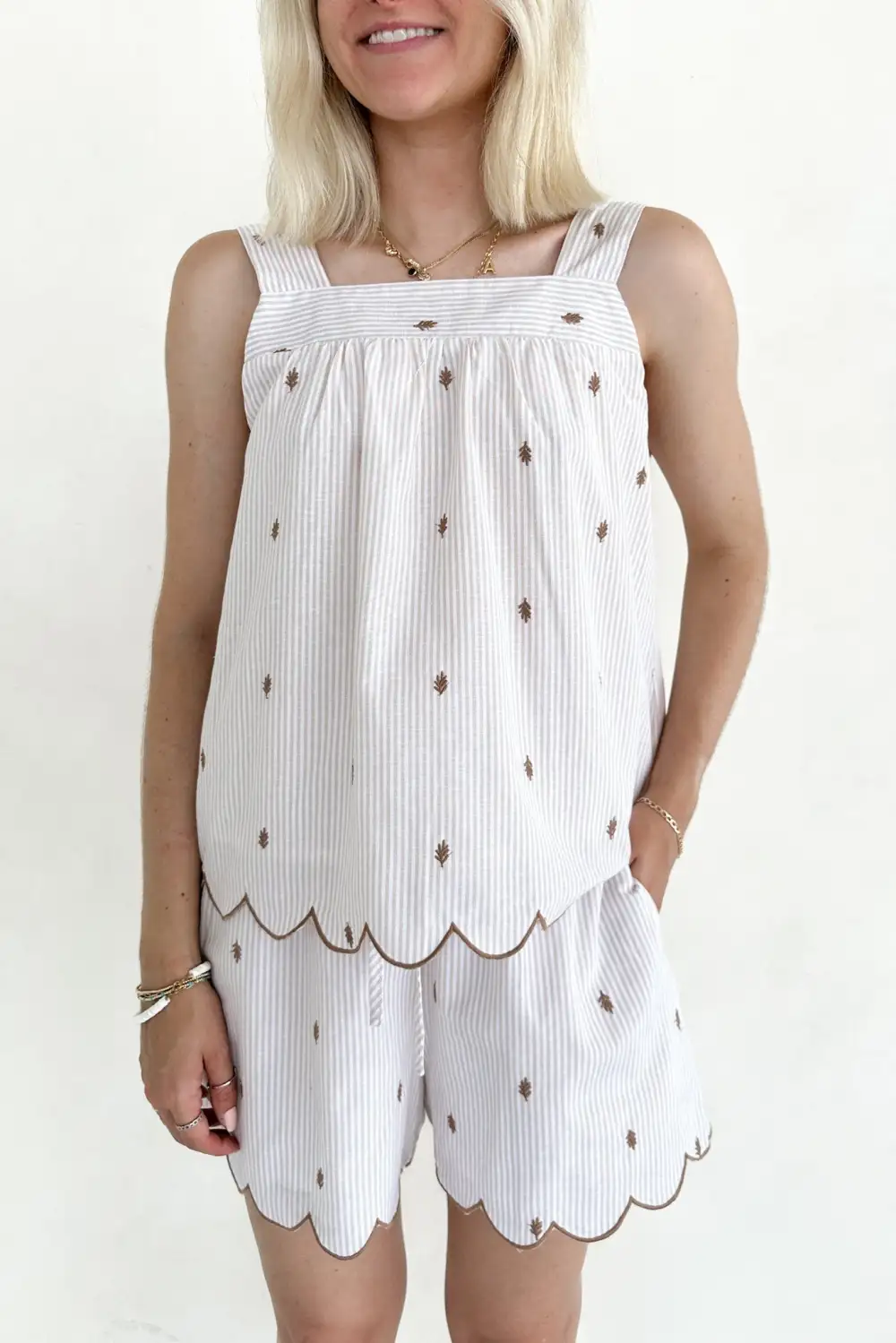 Striped Embroidered Scallop Trim Top